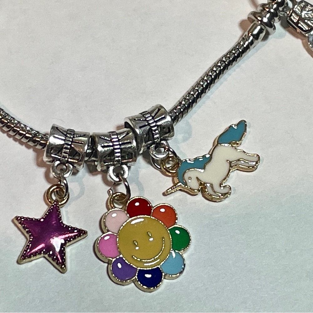 Kawaii Unicorn Rainbow Charm Pandora Style Bracelet, Colorful Enamel Charms, Y2K - Picture 10 of 16